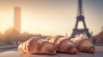 delicioso francês croissants em nostálgico estabelecimento do eiffel torre, Paris. criativo recurso, ai gerado foto