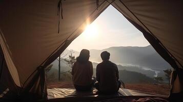 homem e abundante senhora casal apreciar dentro elas barraca às elas acampamento ponto com manhã para início com luz ver. criativo recurso, ai gerado foto