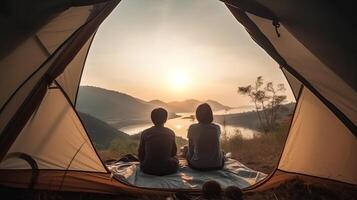 homem e abundante senhora casal apreciar dentro elas barraca às elas acampamento ponto com manhã para início com luz ver. criativo recurso, ai gerado foto