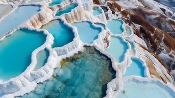 transportado pelo ar batida Vejo Pamukkale Peru travertino piscinas, natureza jardas com azul água. criativo recurso, ai gerado foto