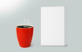 cartão caixa e vermelho café caneca brincar isolado em cinzento 3d fundo foto