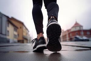 pernas Visão do uma pessoa caminhando em a estrada vestindo Esportes sapato. ai gerado foto