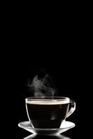 fechar acima uma copo do uma Preto quente café com fumaça em Preto fundo com cópia de espaço. ai gerado foto