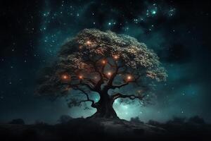 fantasia árvore dentro a noite céu com estrelas e nebulosa. ai gerado foto