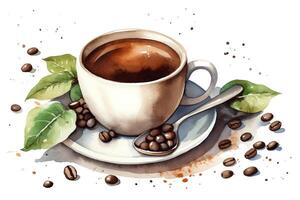 copo do manhã café com café feijões aguarela mão desenhado ilustração isolado em branco fundo. ai gerado foto