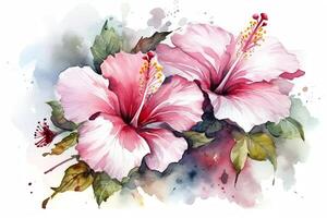 desenhado à mão aguarela floral ilustração do a concurso branco com Rosa hibisco flores natural desenhando isolado em a branco fundo romântico tropical florescer. ai gerado foto