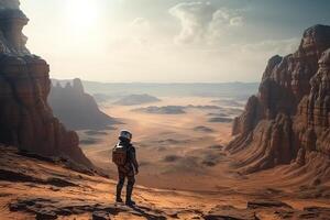 deserta planeta dentro estrangeiro mundo solitário homem astronauta e panorama. ai gerado foto