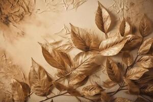 dourado folhas em uma bege texturizado parede arte desenhando interior foto papel de parede. ai gerado