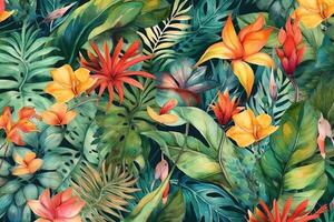 tropical plantas aguarela desatado padronizar monstera estrelitzia hibisco flores e selva folhas fundo botânico textura tecido têxtil papel de parede. ai gerado foto