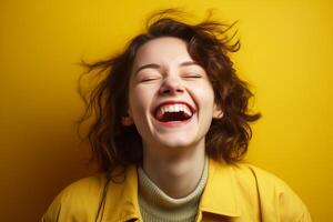 ativo jovem mulher com emoção dentro brilhante amarelo roupas em uma amarelo fundo. generativo ai foto