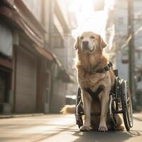 Desativado cachorro, traseiro membros do uma cachorro dentro uma cadeira de rodas em uma cidade rua. generativo ai foto