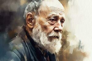 Mais velho homem com cinzento cabelo e barba, retrato pintado dentro aguarela em texturizado papel. digital aguarela pintura foto