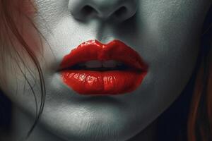 mulheres lábios fechar-se com vermelho batom. generativo ai foto