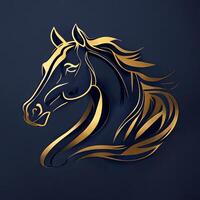 cavalo logotipo, ouro cor em uma Sombrio azul fundo. olhando para a esquerda. generativo ai foto