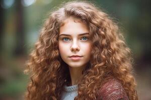 retrato do uma jovem atraente menina com encaracolado grandes Sombrio cabelo. generativo ai foto