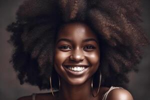 retrato do a africano sorridente mulher com encaracolado cabelo. generativo ai foto