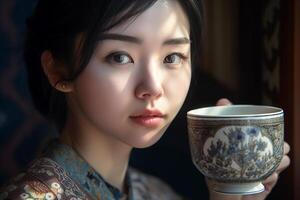 chinês jovem menina com uma copo do chá dentro tradicional roupas. generativo ai foto