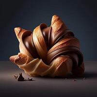 recentemente cozido croissant com chocolate, fechar-se. ai gerado. foto