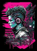 cyberpunk t camisa Projeto. ilustração do uma colori falha. ai gerado foto