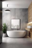 luxo banheiro interior. moderno grande cinzento banheira e madeira paredes. generativo ai foto