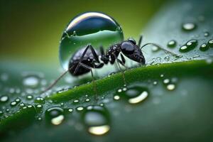 ai gerado formiga come Pingo D'água dentro natureza fundo. macro ampliação. foto