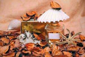 fechar-se tiro do perfume garrafa coberto dentro outono folhas foto