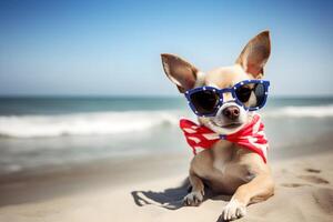 chihuahua cachorro desfrutando EUA independência dia ai generativo em de praia com óculos de sol foto