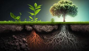 plantas crescendo em a superfície e raízes subterrâneo, terra seção conceito, generativo ai ilustração foto