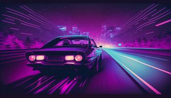 cyberpunk futurista retro onda sintetizador onda carro, retro Esportes carro com néon luz de fundo contornos, generativo ai foto