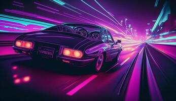 cyberpunk futurista retro onda sintetizador onda carro, retro Esportes carro com néon luz de fundo contornos, generativo ai foto
