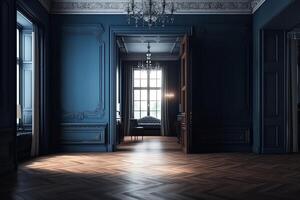 Sombrio azul parede portas e parquet dentro clássico estilo. ai gerado foto