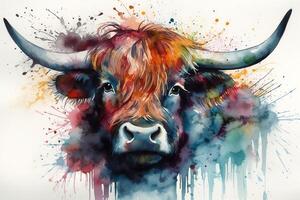 uma arco Iris terras altas vaca aquarela. ai gerado foto