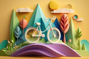 mundo bicicleta dia colorida fundo dentro papel cortar estilo. eco amigáveis bicicleta conceito. generativo ai foto