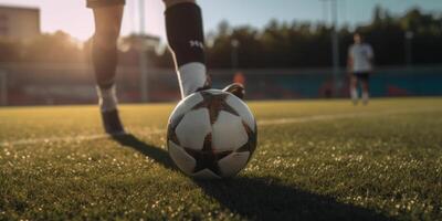 futebol ou futebol jogador jogando com a bola dentro estádio. generativo ai foto