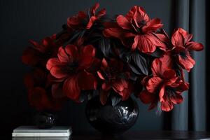 uma negrito e dramático Projeto com de grandes dimensões Preto folhas e impressionante vermelho flores ai gerado foto