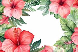 quadro, Armação do tropical flor hibisco aguarela botânico ilustração desenhado à mão cumprimento cartão com Lugar, colocar texto convite para uma Casamento celebração aniversário. ai gerado foto