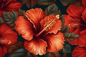 adorável vermelho hibisco flores desatado tropical papel de parede exótico tropical padronizar mão desenhado 3d ilustração tecido papel de parede papel. ai gerado foto