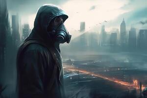 ilustração do homem com gás mascarar e de capuz futurista cidade dentro a fundo. ai gerado foto