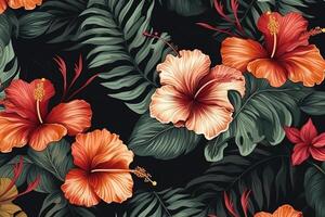 tropical floral havaiano Palma folhas hibisco flor desatado padronizar Preto fundo exótico selva papel de parede. ai gerado foto