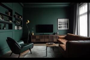 moderno interior do vivo quarto com poltrona e gabinete televisão em Sombrio verde cor parede fundo. ai gerado foto