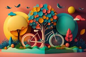 mundo bicicleta dia colorida fundo dentro papel cortar estilo. eco amigáveis bicicleta conceito. generativo ai foto