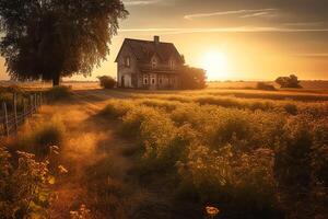 idílico casa de fazenda em rural Vinhedo brilha dourado pôr do sol. ai gerado foto