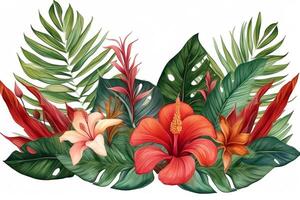 tropical folhas e flor quadro, Armação aguarela Palma folha monstera banana vermelho hibisco. ai gerado foto