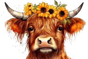 girassóis vaca cabeça clipart lindo flores em terras altas vacas. ai gerado foto