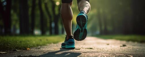 fechar acima atleta corredor pés corrida em a estrada. corrida para saudável vida fundo. generativo ai foto