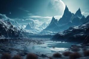 fantasia panorama Husa montanha lua. ai gerado foto