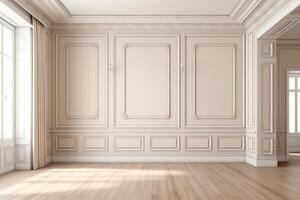 contemporâneo bege branco brilhante esvaziar interior com parede painel e molduras 3d render ilustração brincar. ai gerado foto