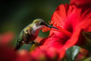 macro fotografia do uma beija Flor alimentando em a hibisco flor. ai gerado foto