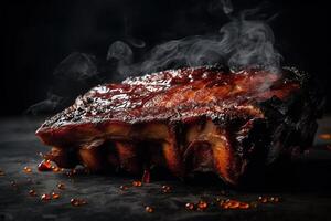 churrasco defumado costelas com uma Sombrio fundo criada com Socorro de. ai gerado foto