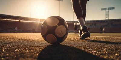 futebol ou futebol jogador jogando com a bola dentro estádio. generativo ai foto